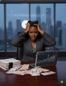 Illustrated or photo banner showing a Nigerian SME business owner reviewing finances with a worried expression.