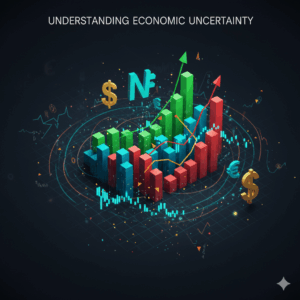 Abstract graphic showing fluctuating economic charts, falling and rising bars, or currency symbols (₦, $, €).