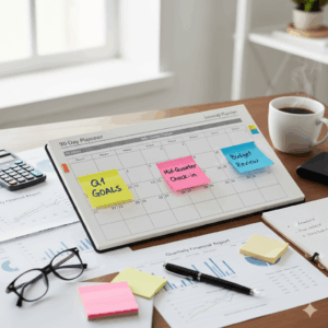 Quarterly business planning calendar with financial reports and goalsQuarterly business planning calendar with financial reports and goals