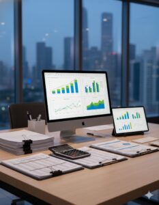 Business financial reports and charts showing positive growth.