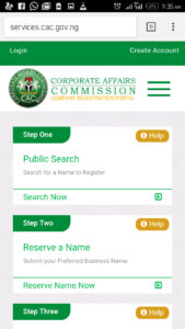 Screenshot of the Corporate Affairs Commission online business registration portal in Nigeria