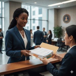 Business owner handling regulatory and compliance paperwork