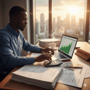 Business owner calculating rising freight costs due to weak naira.