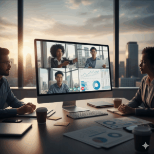 Remote finance team discussing financial reports during a virtual meeting.