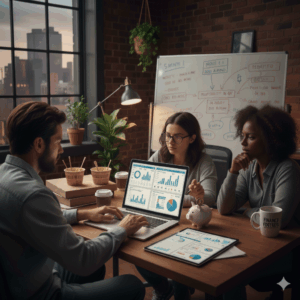 Team using financial data to manage startup finances while bootstrapping