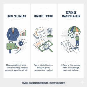 Illustration of common types of fraud (embezzlement, invoice fraud, expense manipulation)