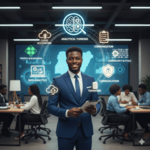 Graduate accountant surrounded by icons representing essential skills for modern accounting careers in Nigeria.