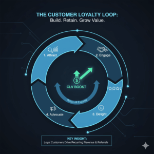 Customer lifetime value (CLV) infographic showing customer retention and upsell cycle