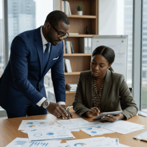 Startup founder discussing financial projections with advisor