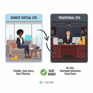 illustration comparing remote virtual CFO (laptop, flexible workspace) vs traditional CFO (office, formal desk).