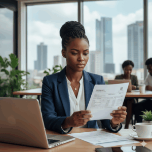 Nigerian employee reviewing a payslip showing salary deductions and PAYE breakdown
