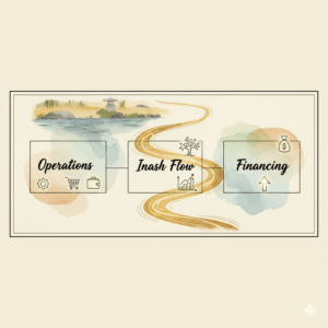 Golden river illustration representing cash inflow and outflow across business activities.