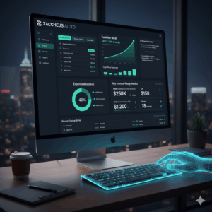 Screenshot of Zaccheus AI CFO dashboard showing automated financial statements, projections, and key investor-ready metrics.