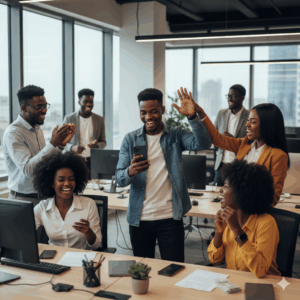 Nigerian employees celebrating successful payroll processing