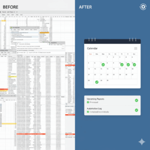 Illustration of automated payroll processing saving hours for busy founders.