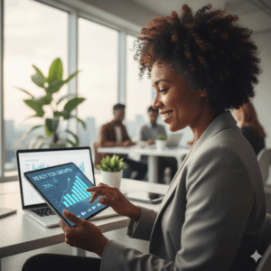 Entrepreneur confidently using Zaccheus to manage startup governance and growth