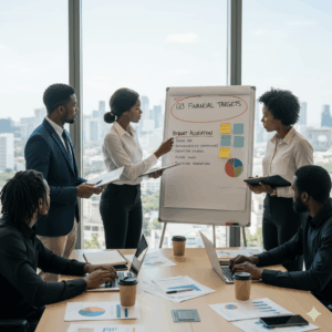 Team of small business employees discussing financial targets and budgeting on a whiteboard.