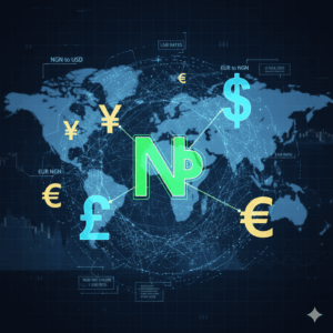 Illustration showing currency exchange between naira, USD, euro, etc.
