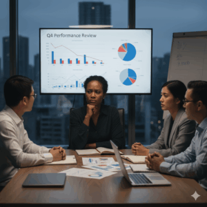 Startup team discussing financial biases and spending decisions.