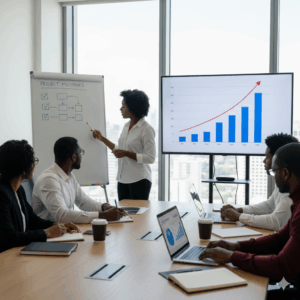 Startup team implementing governance steps with guidance from tools like Zaccheus