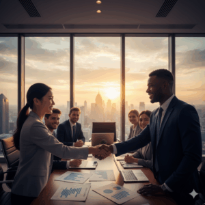 Startup founder discussing equity financing with an investor.