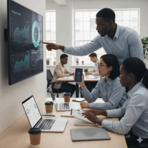 Nigerian business team using digital banking and fintech apps