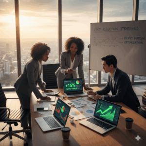 Business team reviewing expenses to reduce costs and improve profit margins.