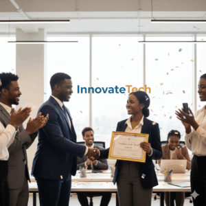 Manager recognizing employee achievement in the workplace.