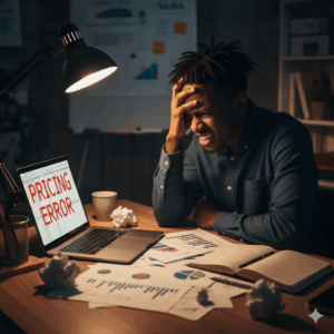 Someone looking frustrated at a laptop or papers, representing mistakes or confusion in pricing.