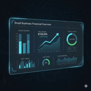 Digital dashboard displaying revenue, expenses, and cash flow charts for a small business.