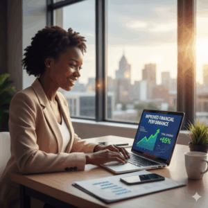 Small business owner smiling while checking improved financial performance on a laptop.