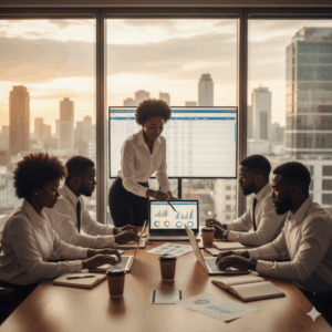 Accountants implementing payroll processing software in firm