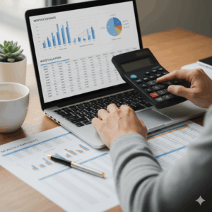 Business owner calculating finances and organizing bookkeeping records.