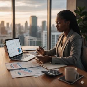 Business owner reviewing operating expenses on a laptop.