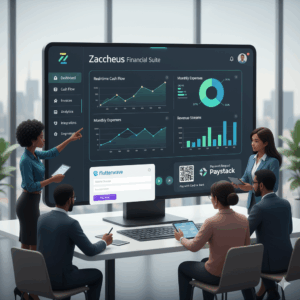 Illustration of a digital banking dashboard, Zaccheus interface, and payment gateways like Flutterwave or Paystack.