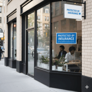 Small business with business insurance plan protection sign