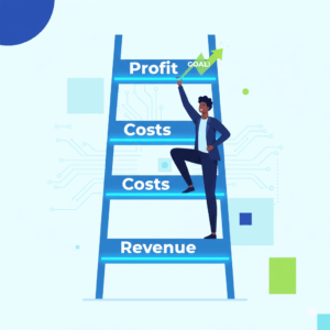 Illustrated ladder showing revenue, costs, and profit as progressive steps.