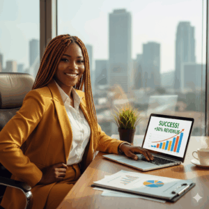 Successful Nigerian entrepreneur managing finances with confidence.