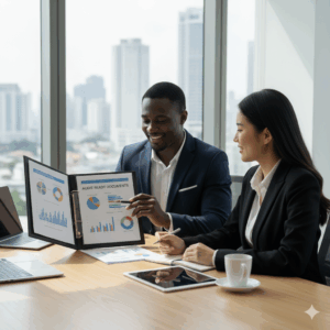 A business consultant or accountant showing audit-ready documents to a client in a meeting room.