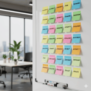 Team discussing company values and performance goals.