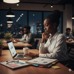 Small business owner in Nigeria preparing foreign grant documents and reviewing financial records.