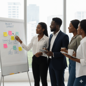 Team collaborating on business pricing strategy and planning”