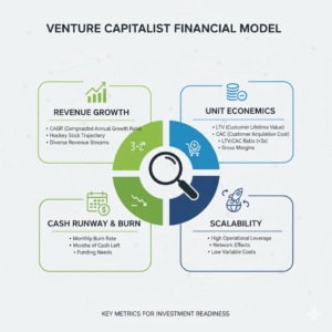“Infographic showing what venture capitalists look for in a financial model, including revenue growth, unit economics, cash runway, and scalability.