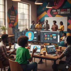Nigerian youth in Lagos startup hub engaging global remote talent via video
