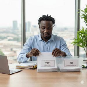 Nigerian business owner organizing tax documents and planning obligations.