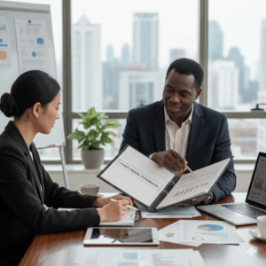 Accountant explaining compliance requirements and financial documents to SME owner