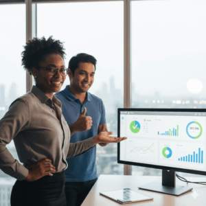 Confident founder reviewing clean financial dashboard