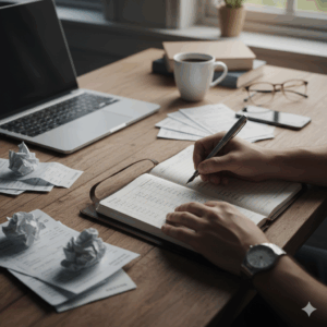 Founder writing down business expenses in a notebook
