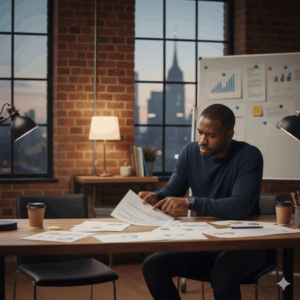 Founder sitting alone reviewing financial paperwork