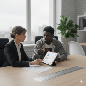 Entrepreneur discussing finances with bank officer